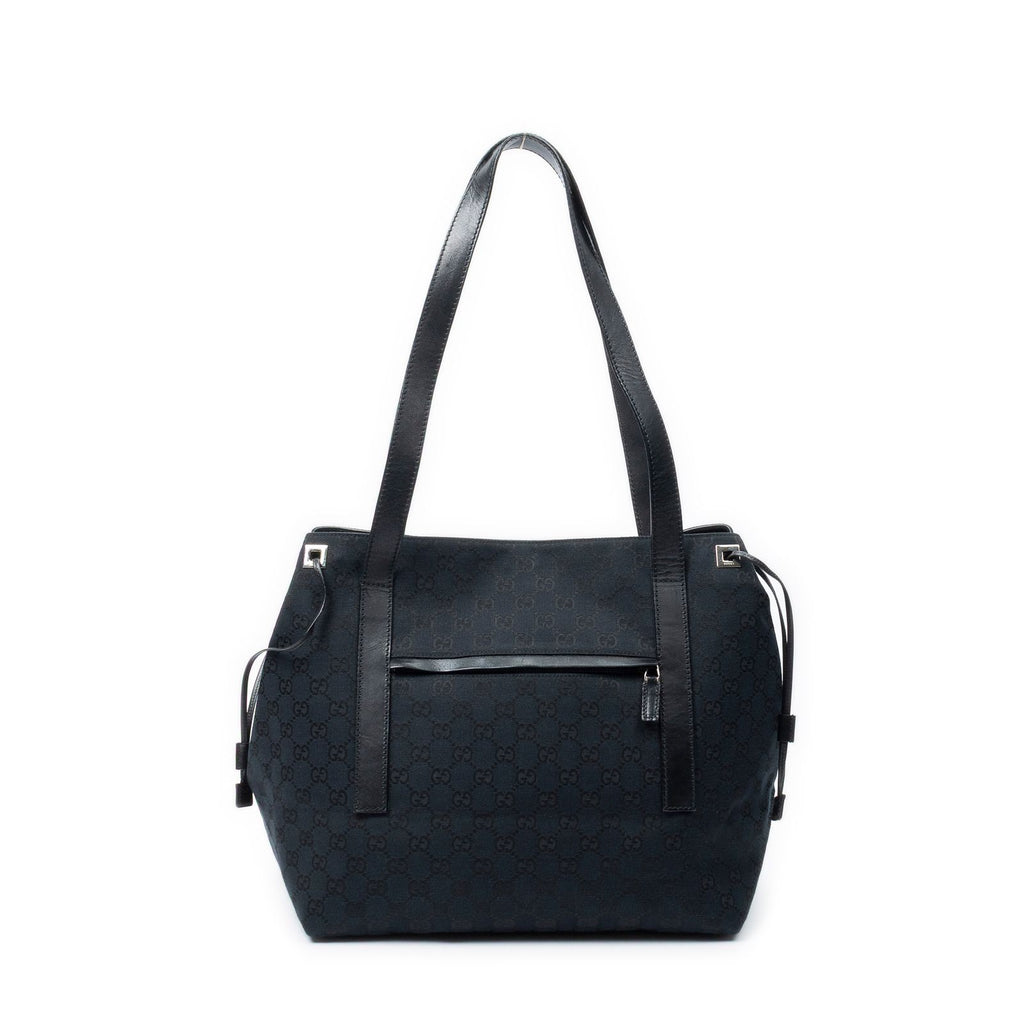 Gucci Side Drawstring Shopping Tote Black GG Canvas