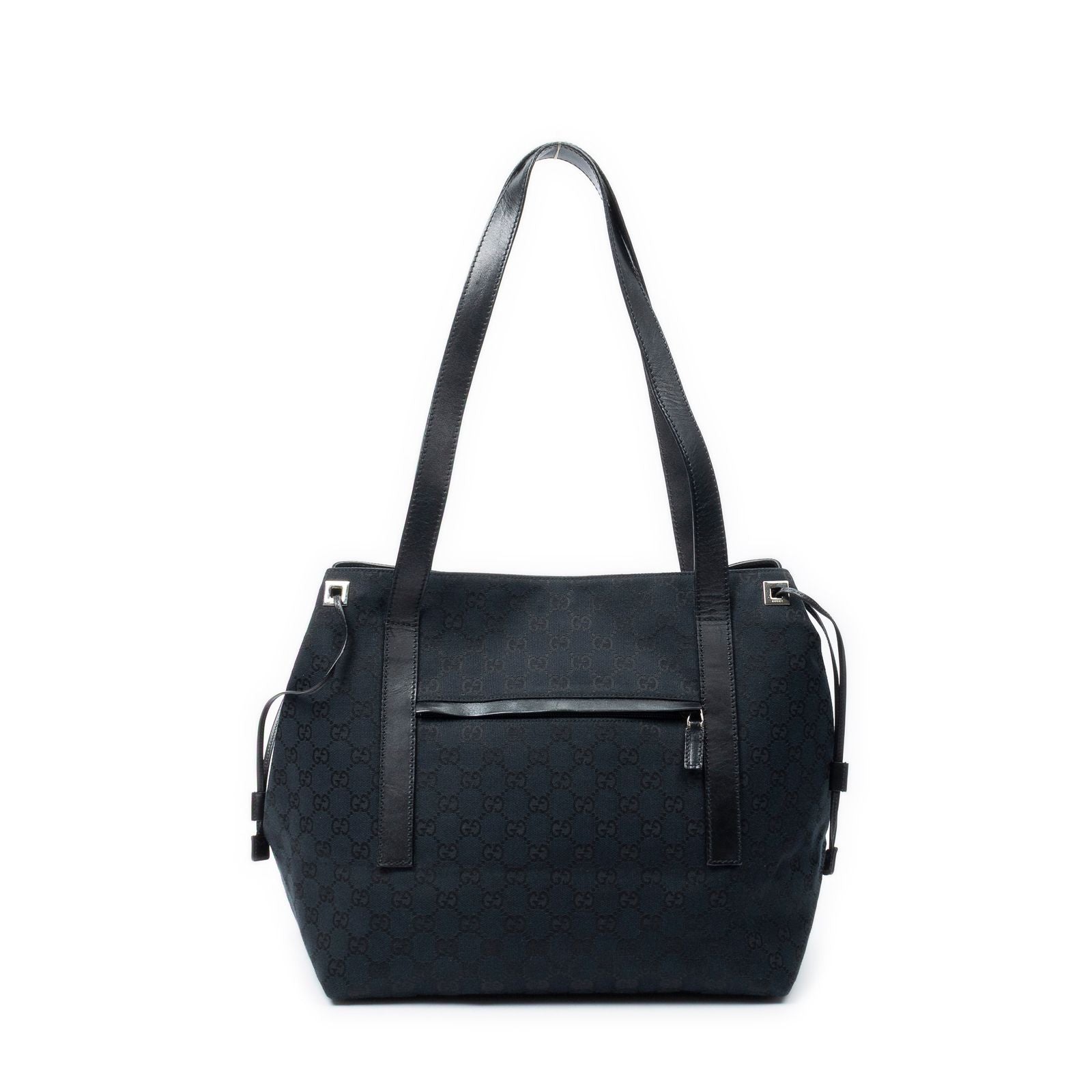 Gucci Side Drawstring Shopping Tote Black GG Canvas
