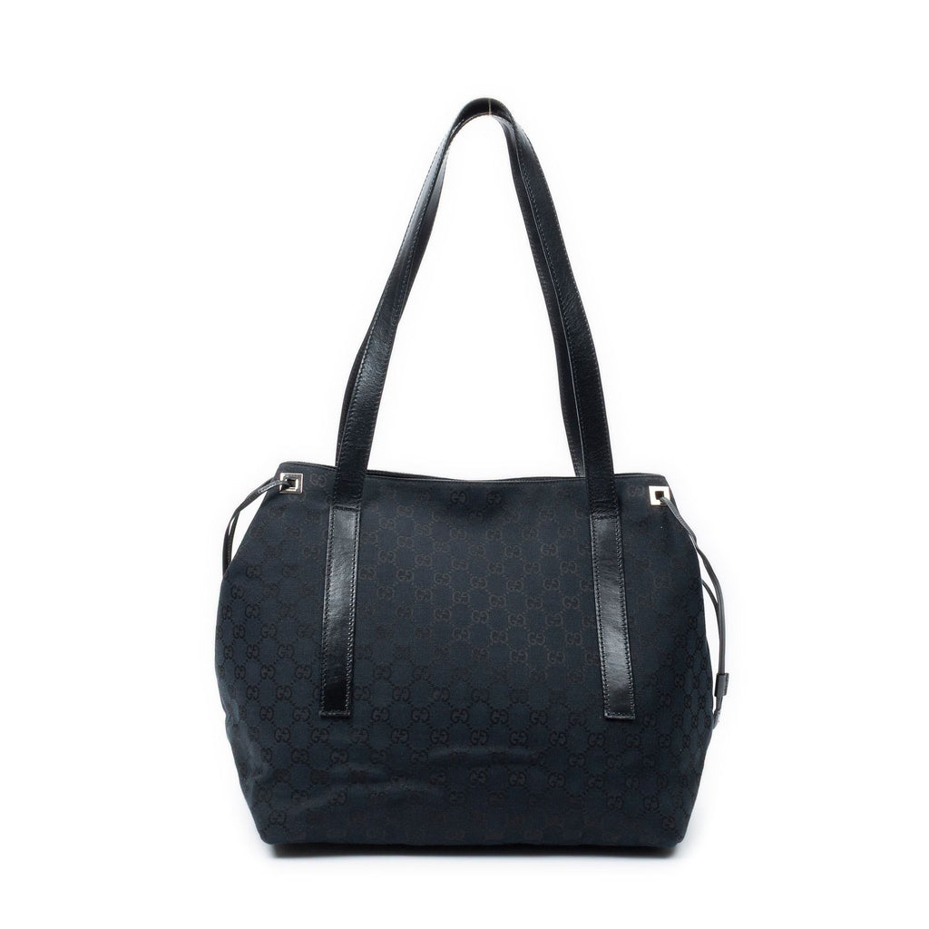 Gucci Side Drawstring Shopping Tote Black GG Canvas — view 5