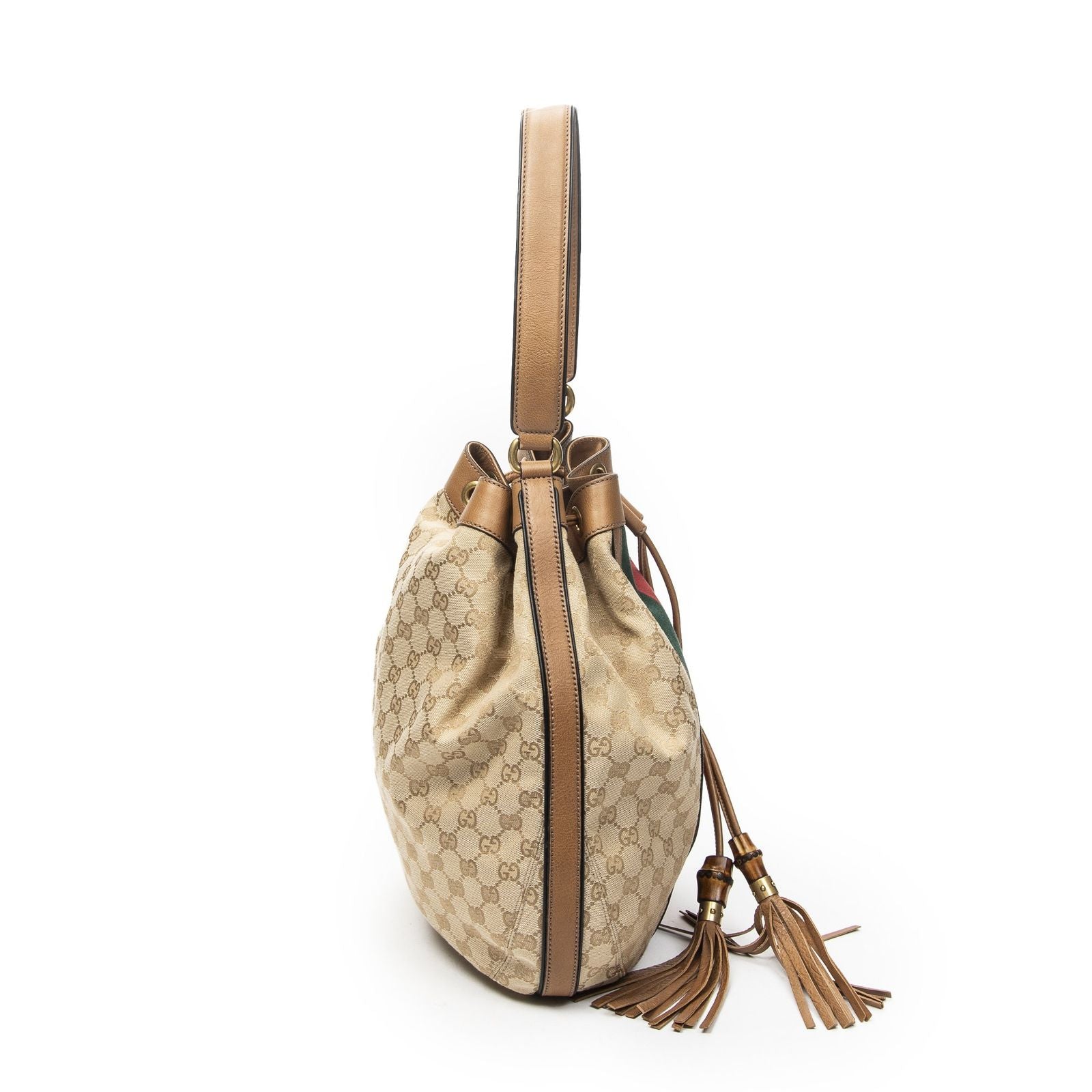 Gucci Web Rania Drawstring Hobo Tan Beige GG Canvas — view 4