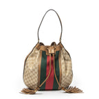 Gucci Web Rania Drawstring Hobo Tan Beige GG Canvas