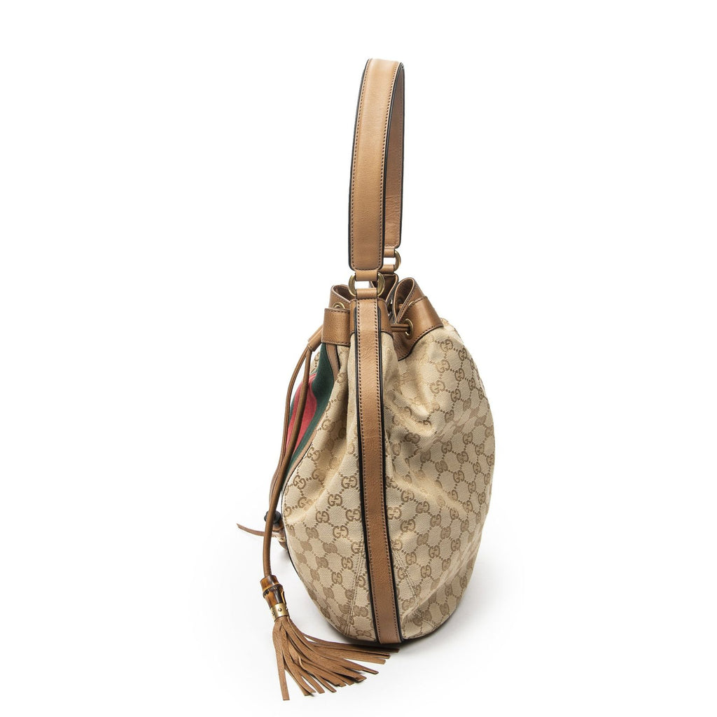 Gucci Web Rania Drawstring Hobo Tan Beige GG Canvas — view 3