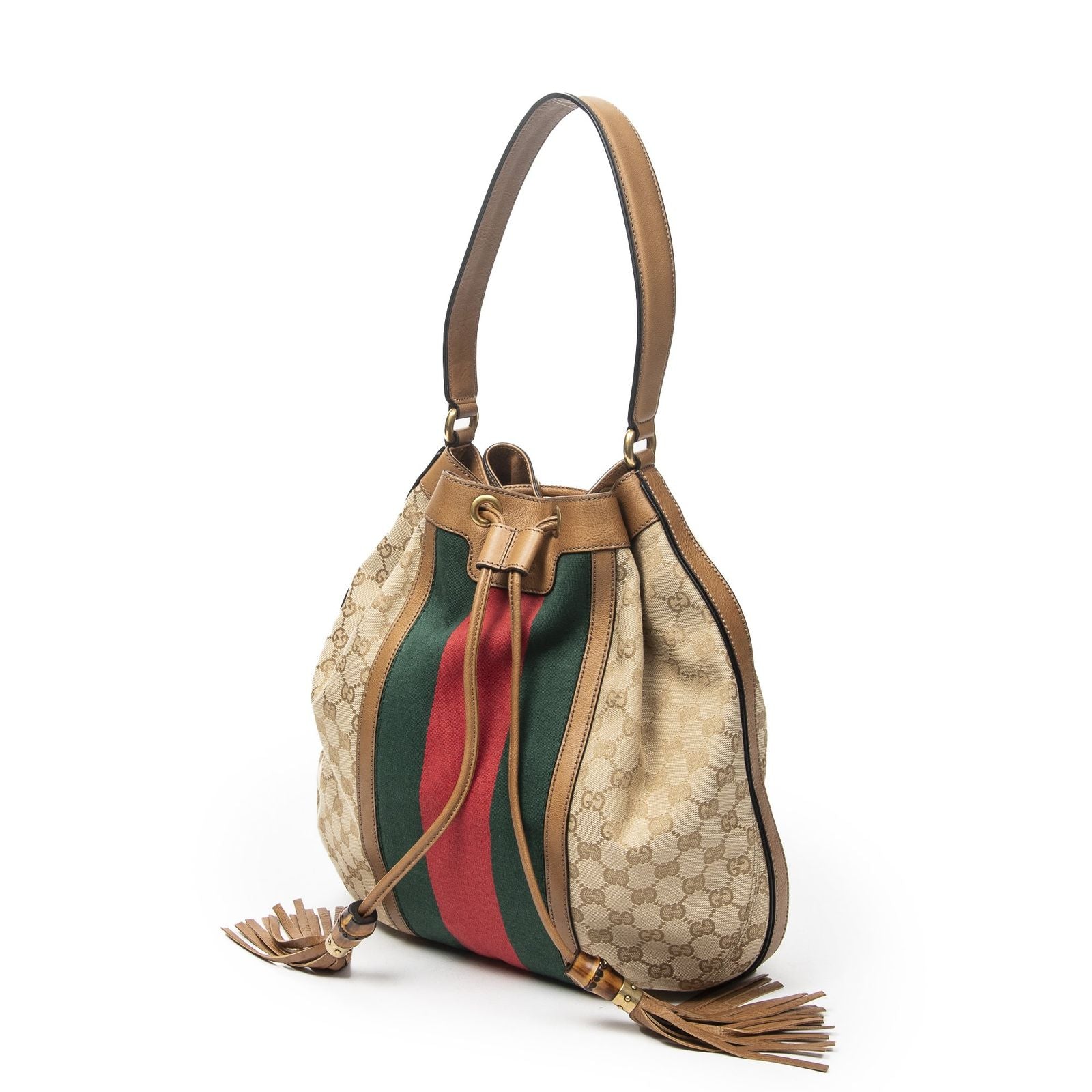 Gucci Web Rania Drawstring Hobo Tan Beige GG Canvas — view 2