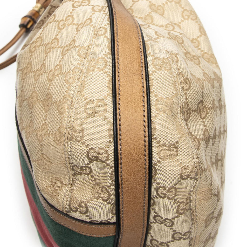 Gucci Web Rania Drawstring Hobo Tan Beige GG Canvas — view 8