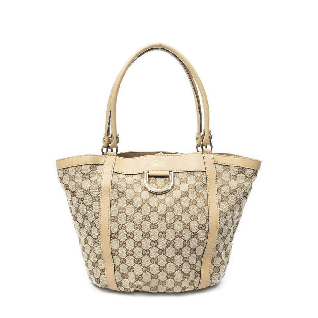 Gucci Medium D Ring Bucket Tote Beige Tan GG Canvas