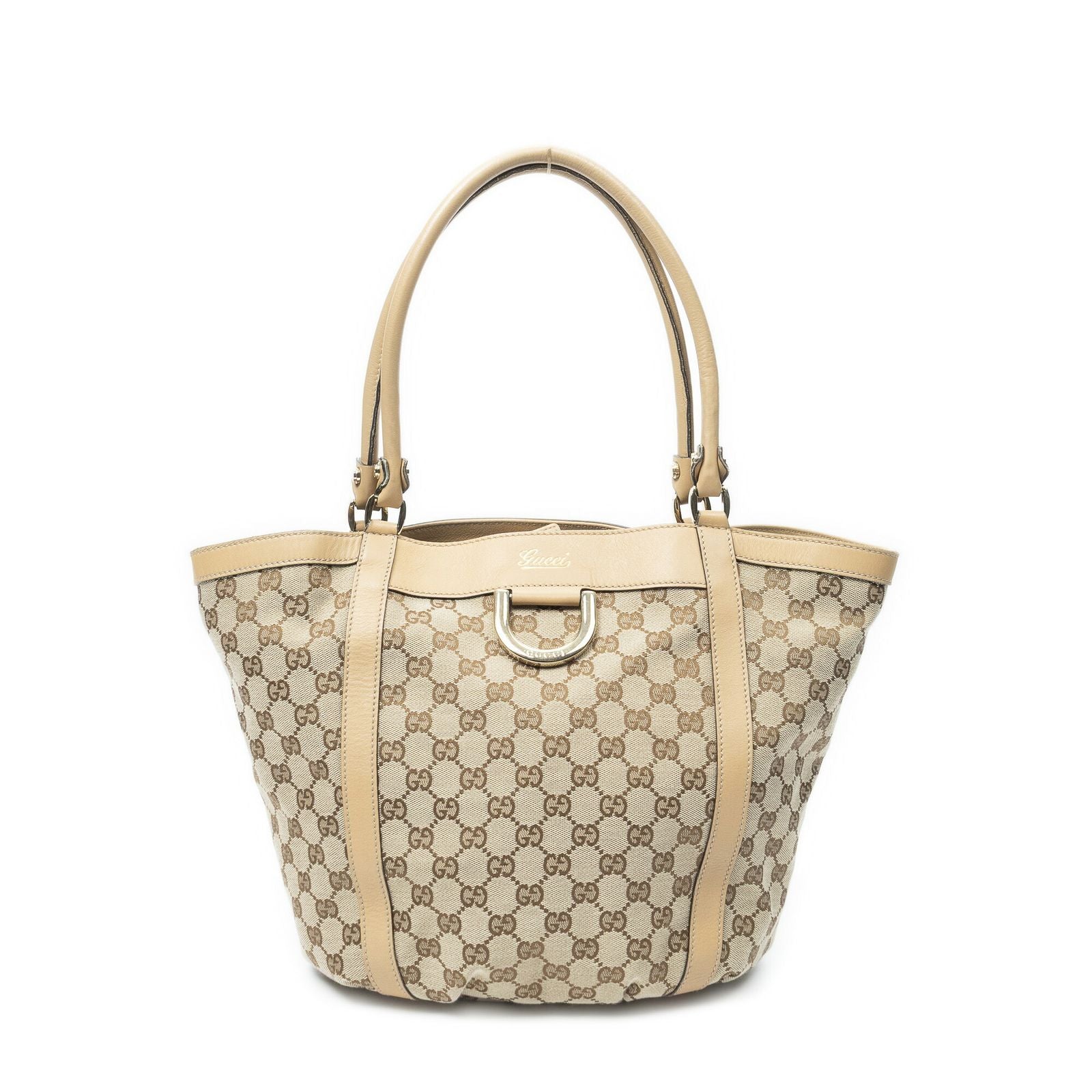 Gucci Medium D Ring Bucket Tote Beige Tan GG Canvas