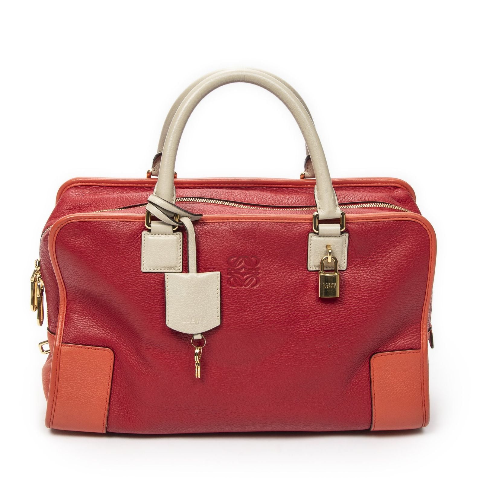 Loewe Amazona Red Orange White Grain Calf Leather Handbag