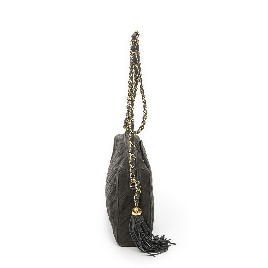 Chanel CC Tassel Camera Bag Gray Quilted Suede Leather — view 4