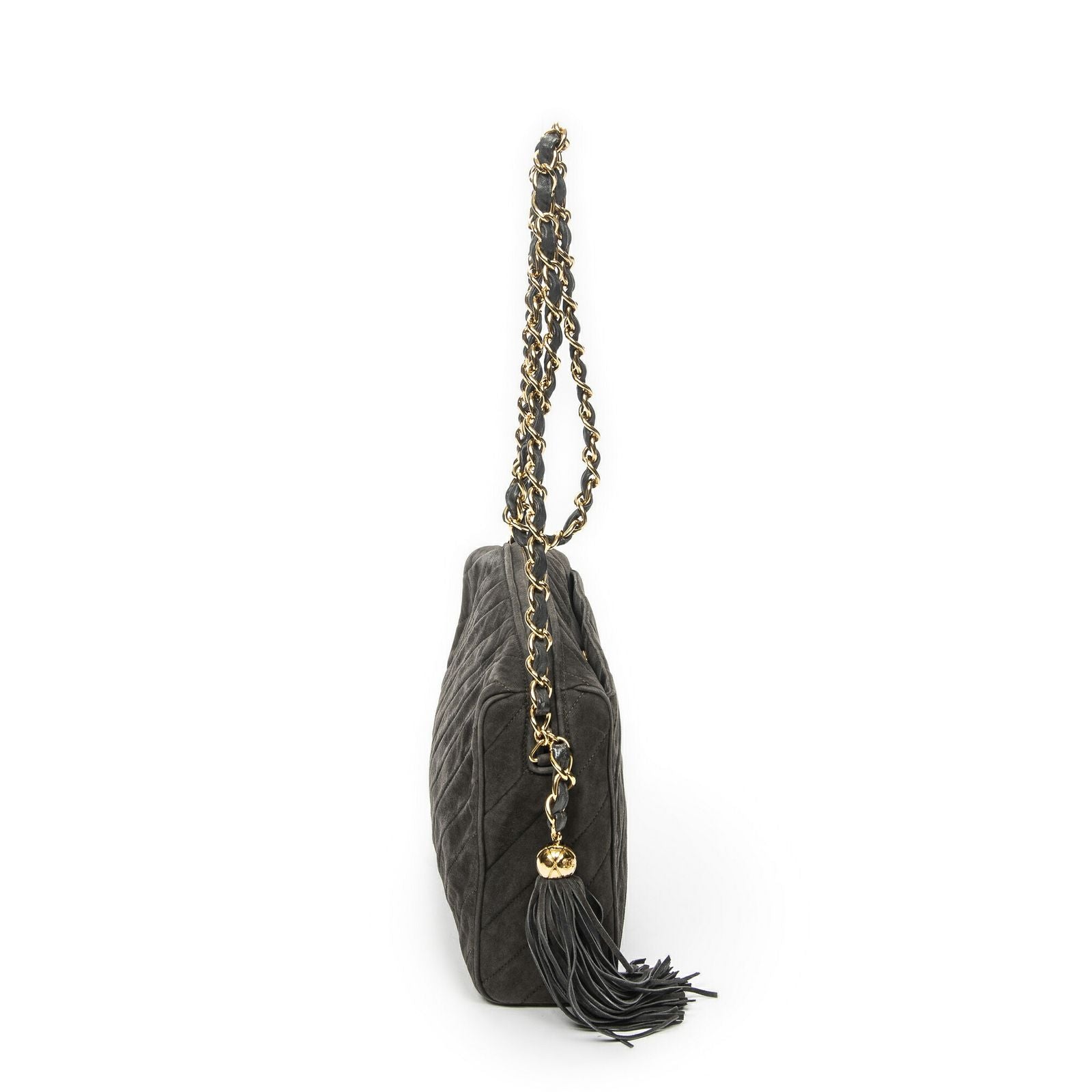 Chanel CC Tassel Camera Bag Gray Quilted Suede Leather — view 4
