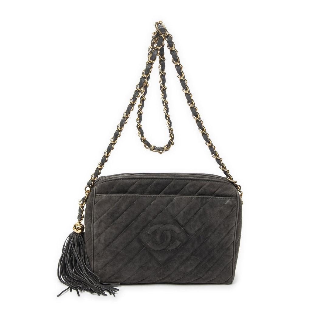 Chanel CC Tassel Camera Bag Gray Quilted Suede Leather
