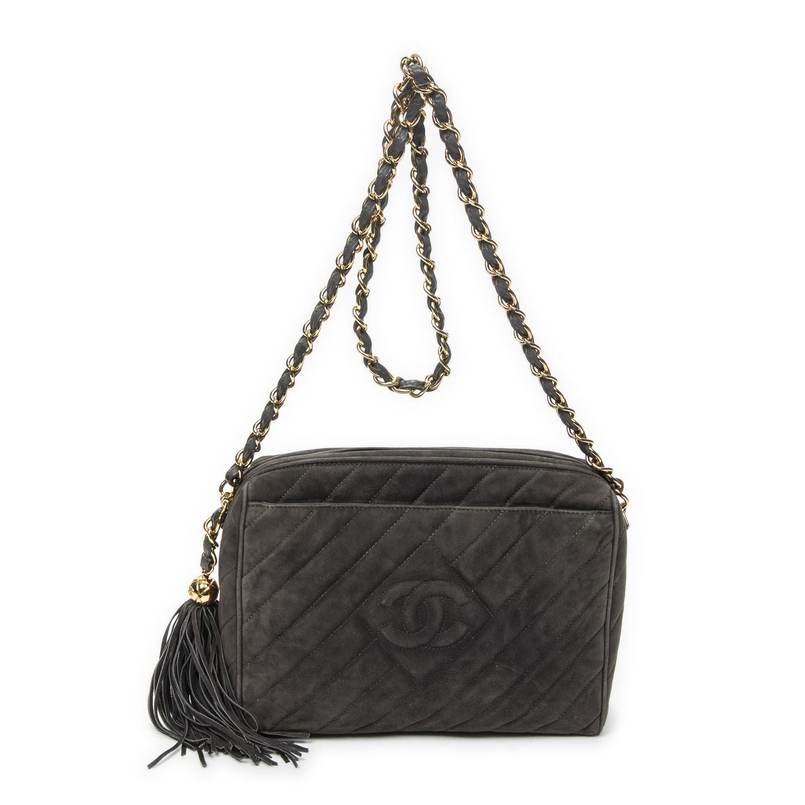 Chanel CC Tassel Camera Bag Gray Quilted Suede Leather