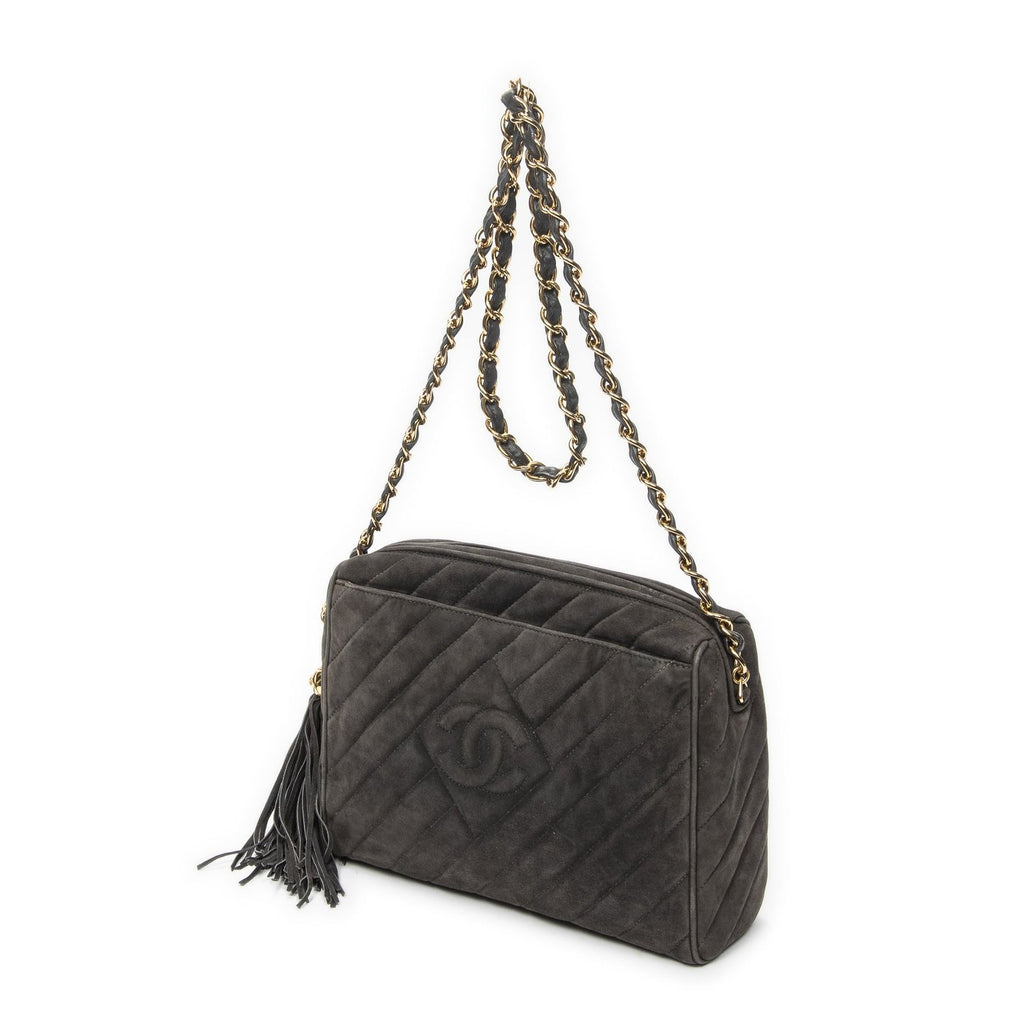 Chanel CC Tassel Camera Bag Gray Quilted Suede Leather — view 2
