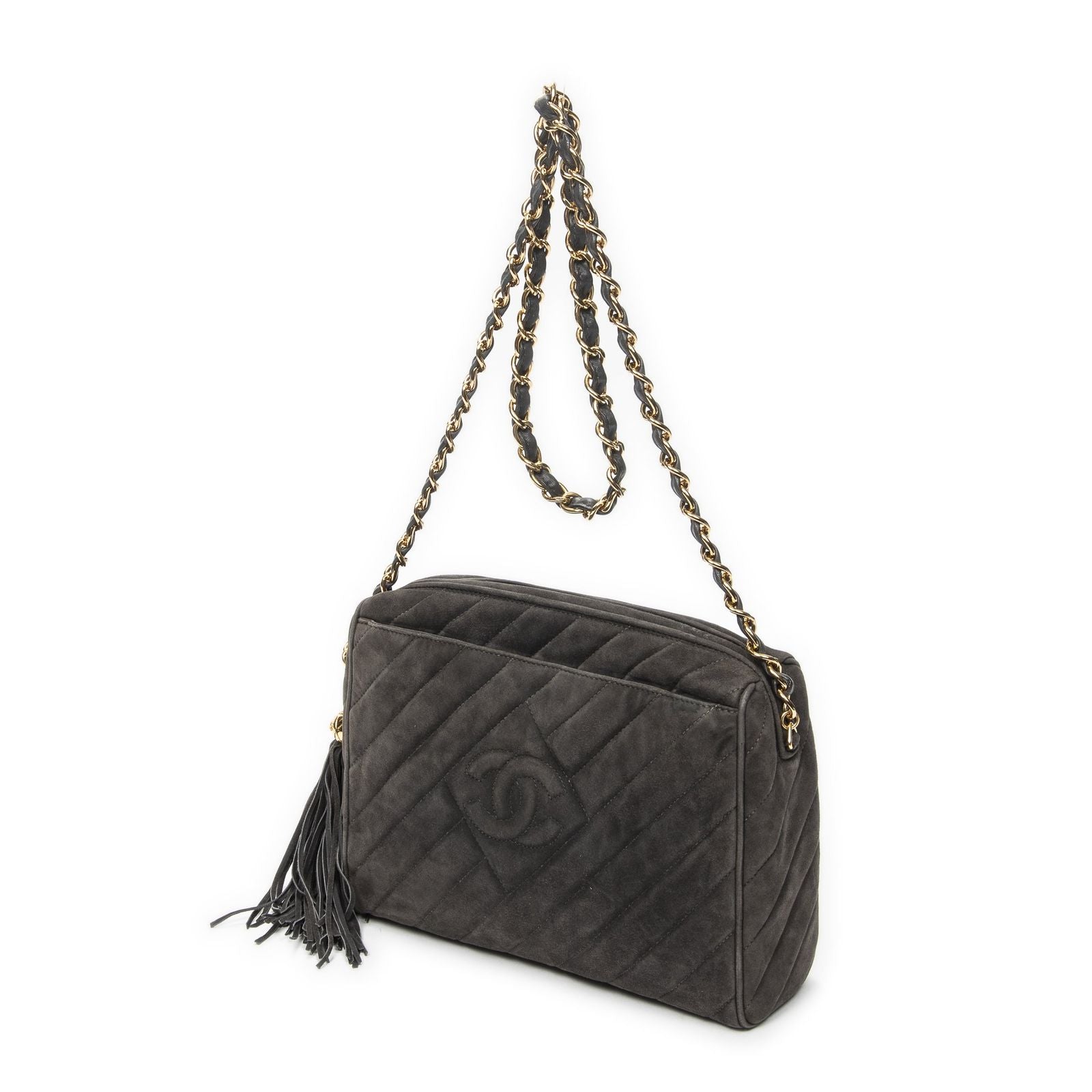 Chanel CC Tassel Camera Bag Gray Quilted Suede Leather — view 2