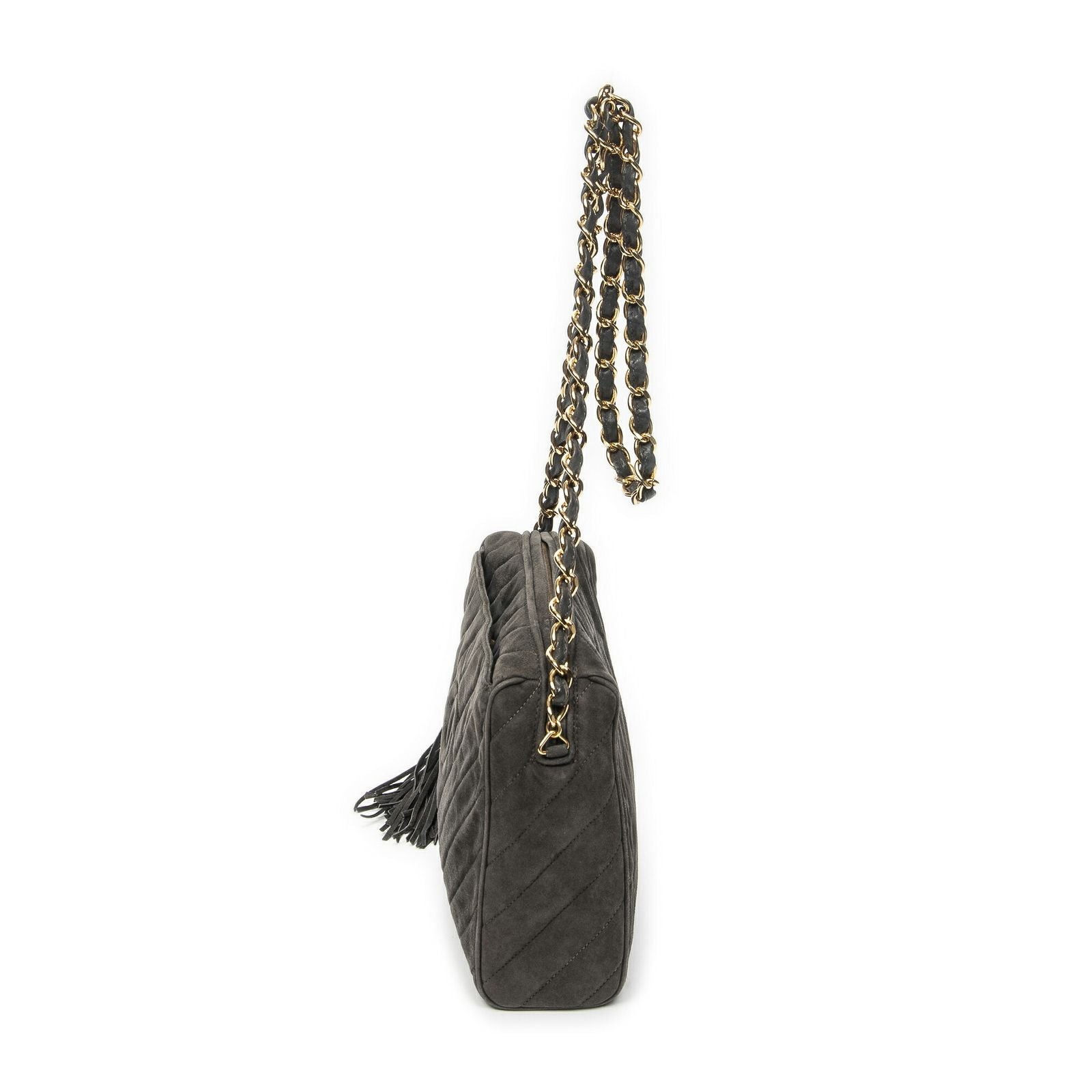Chanel CC Tassel Camera Bag Gray Quilted Suede Leather — view 3