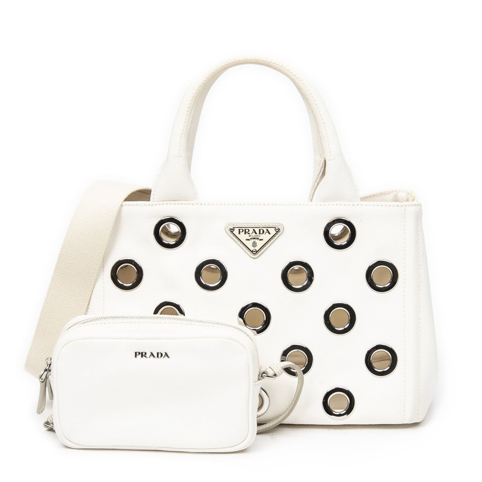 Prada Canapa Tote Ivory Grommet Canvasa
