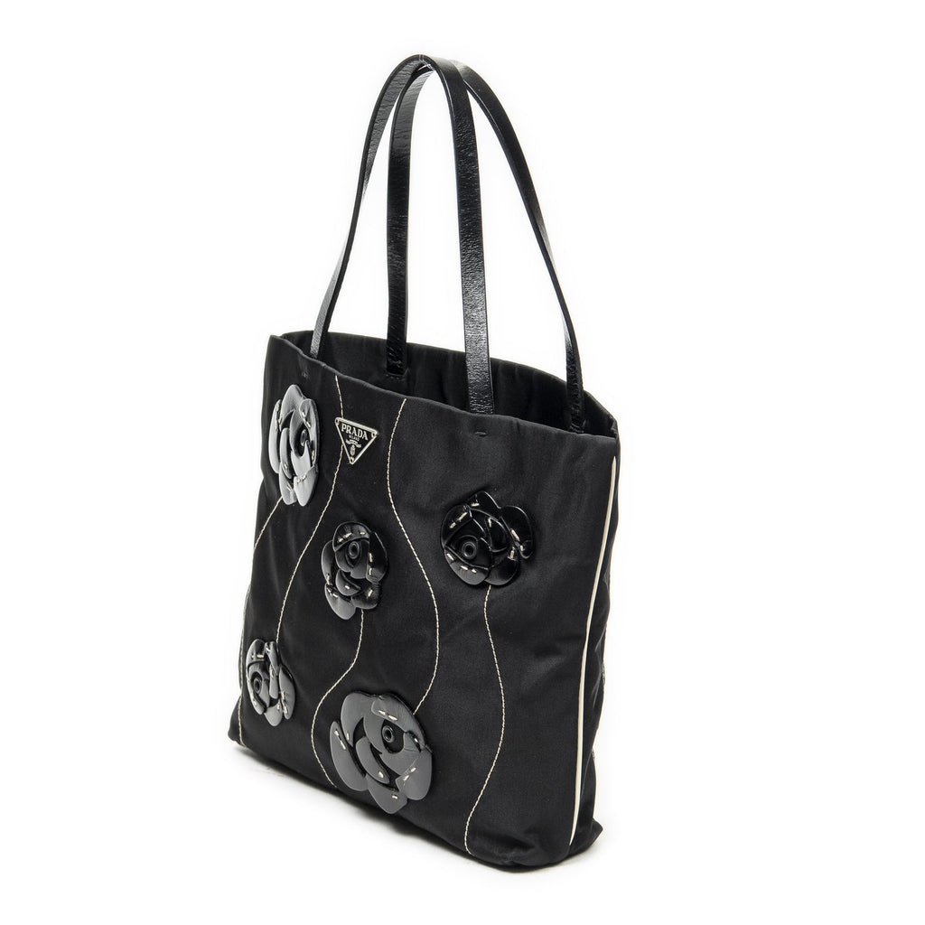 Prada Small Floral Applique Tote Black Bro Canvas — view 2