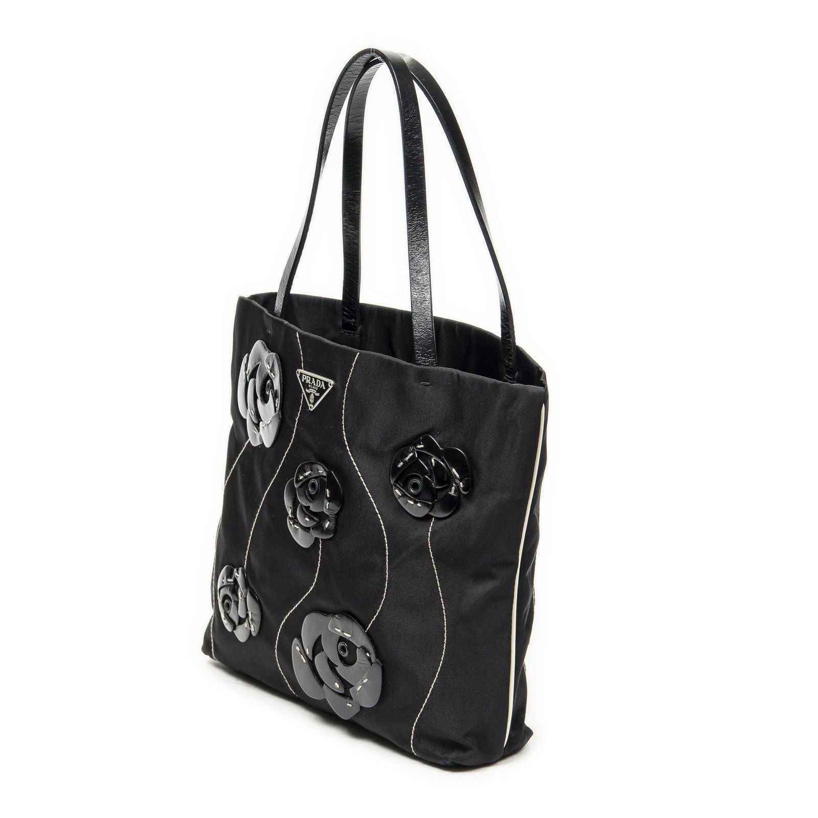 Prada Small Floral Applique Tote Black Bro Canvas — view 2