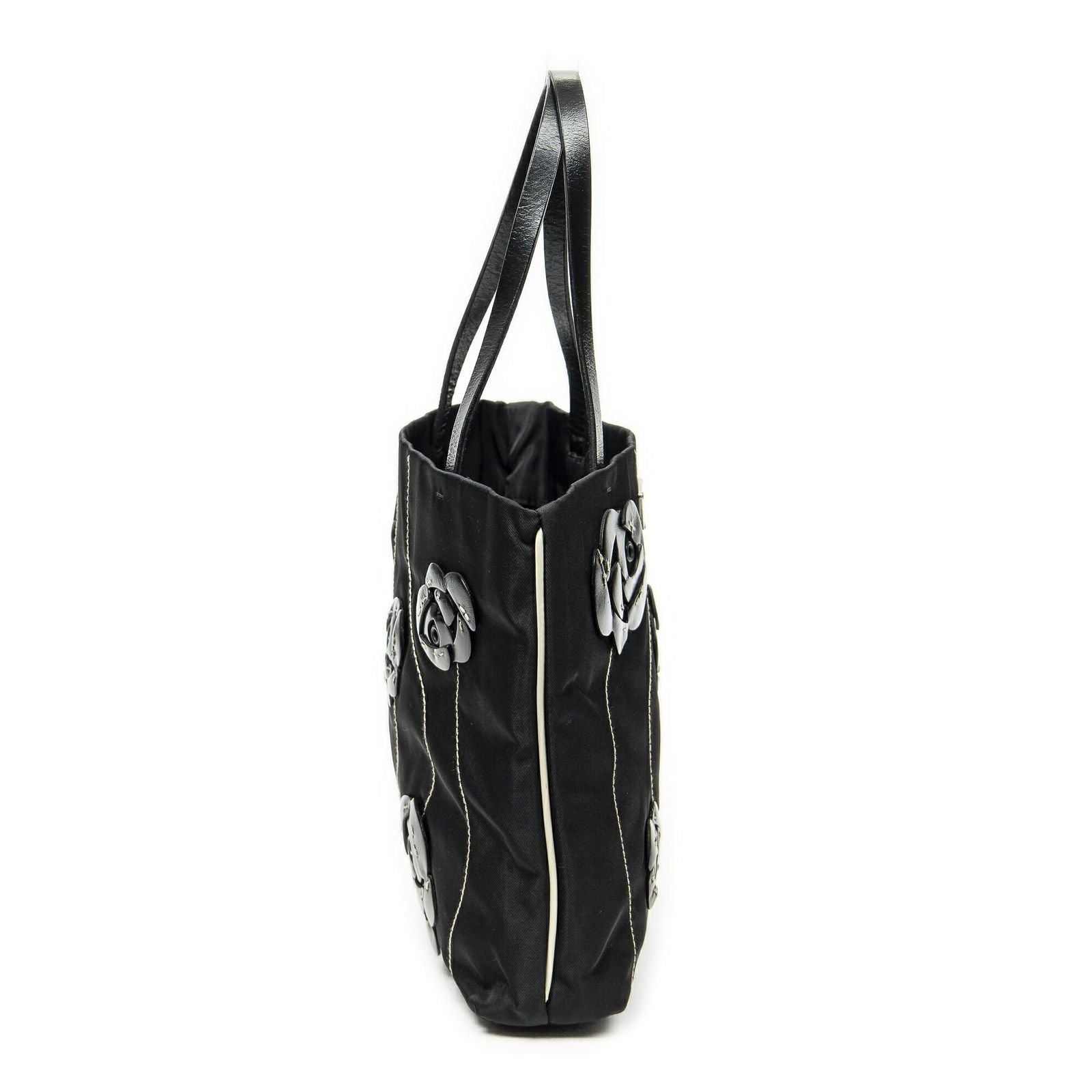 Prada Small Floral Applique Tote Black Bro Canvas — view 4
