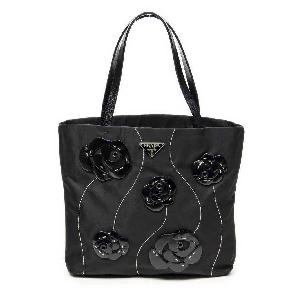 Prada Small Floral Applique Tote Black Bro Canvas
