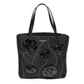 Prada Small Floral Applique Tote Black Bro Canvas