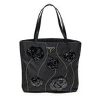 Prada Small Floral Applique Tote Black Bro Canvas