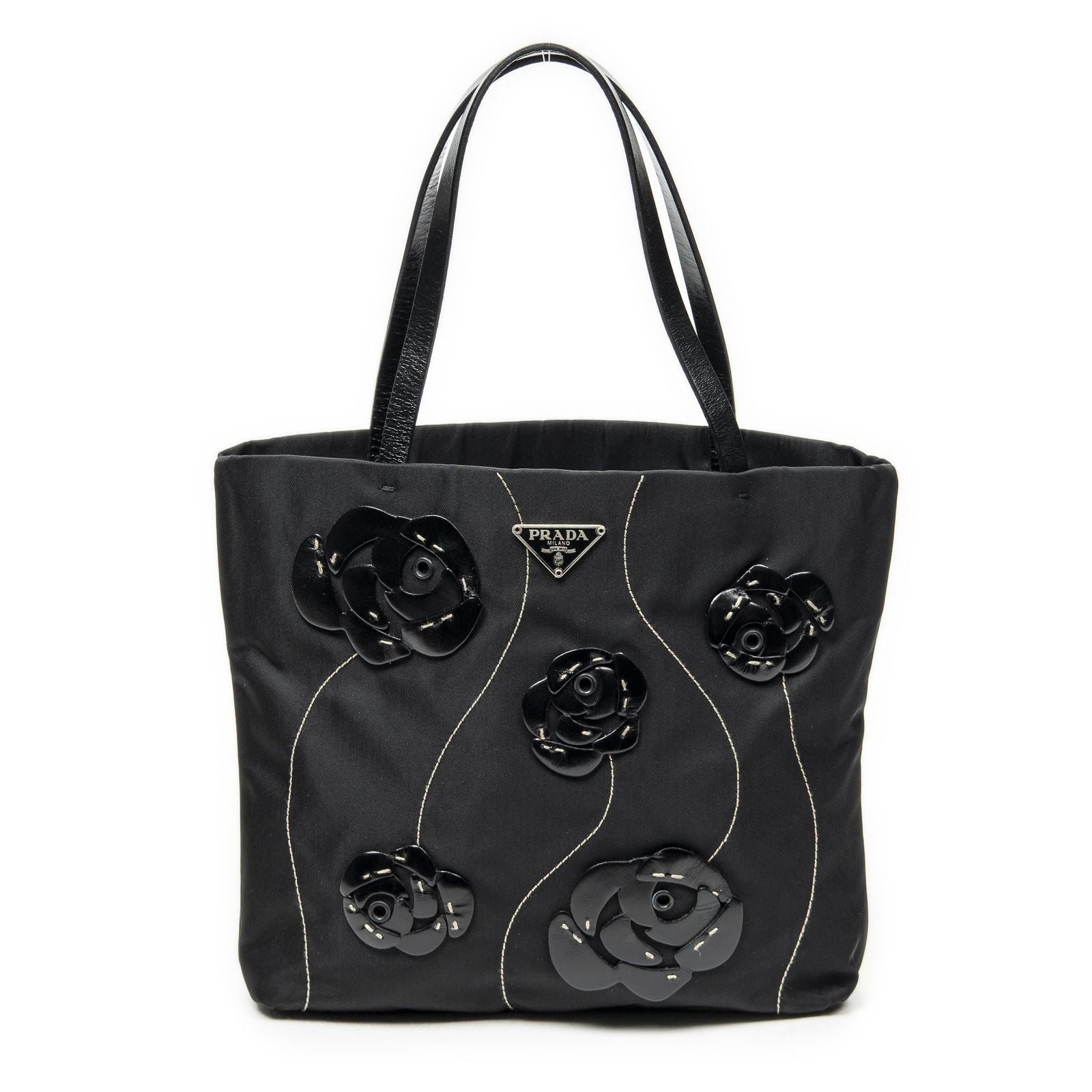 Prada Small Floral Applique Tote Black Bro Canvas