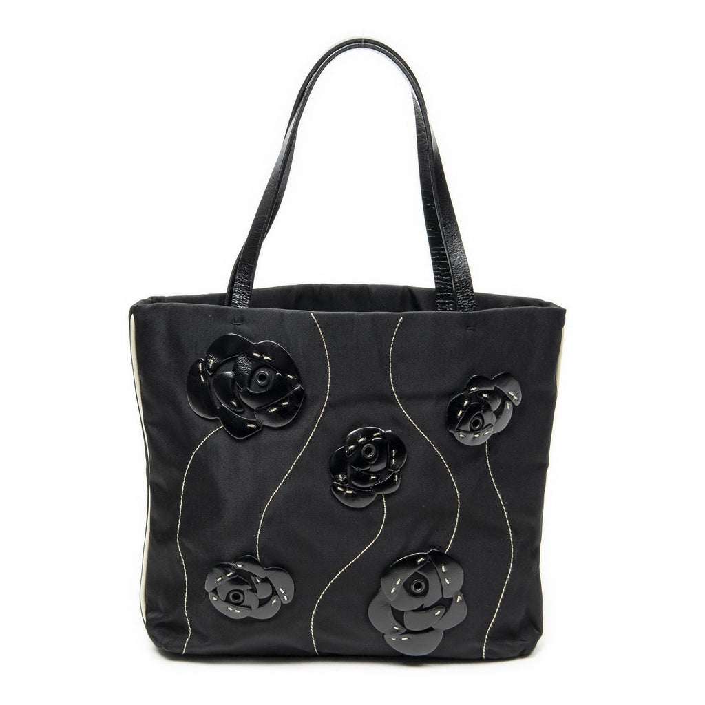 Prada Small Floral Applique Tote Black Bro Canvas — view 5