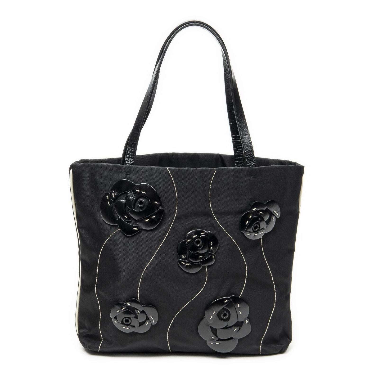Prada Small Floral Applique Tote Black Bro Canvas — view 5