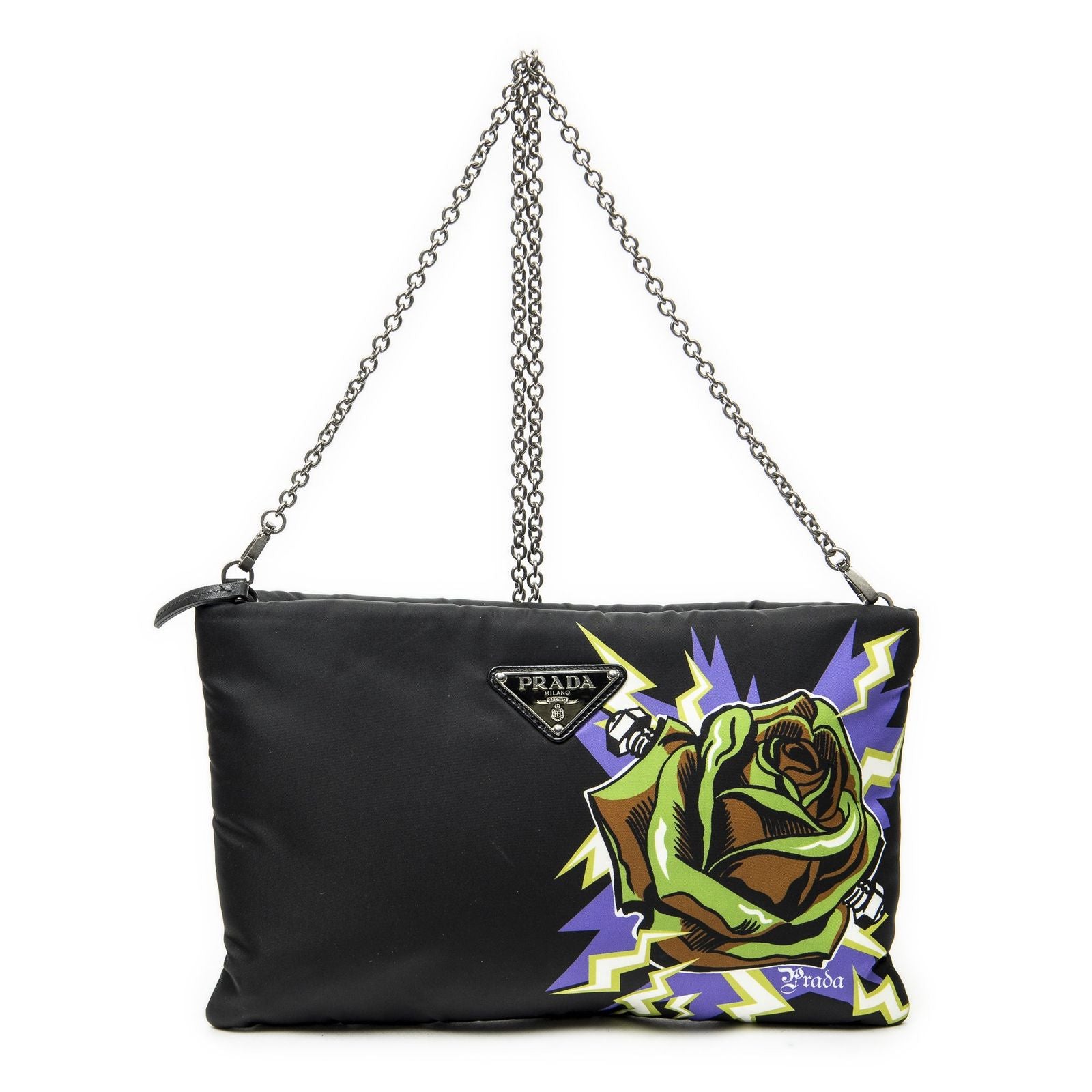 Prada Printed Chain Pouch Crossbody Black Printnylon Canvas