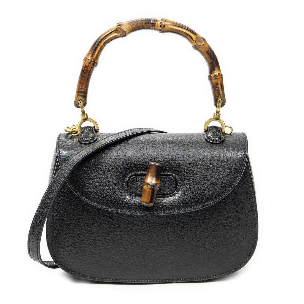 Gucci Bamboo Top Handle Flap Black Calfskin Leather