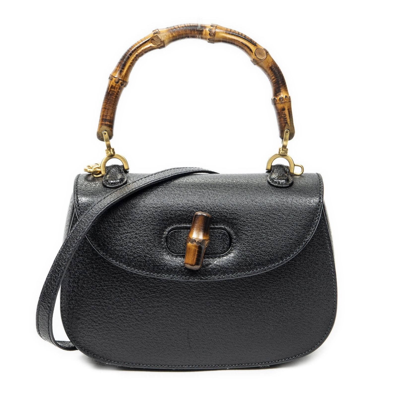Gucci Bamboo Top Handle Flap Black Calfskin Leather