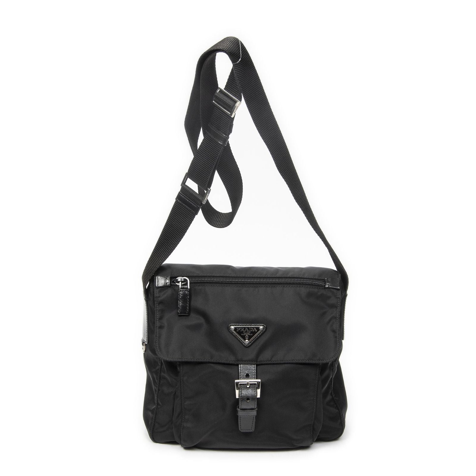 Prada Small Buckle Flap Messenger Black Nylon Canvas