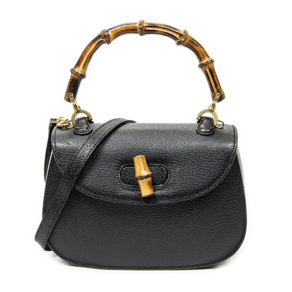 Gucci Bamboo Top Handle Flap Black Calfskin Leather