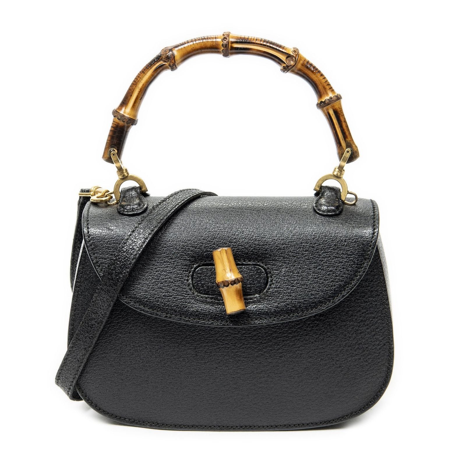 Gucci Bamboo Top Handle Flap Black Calfskin Leather