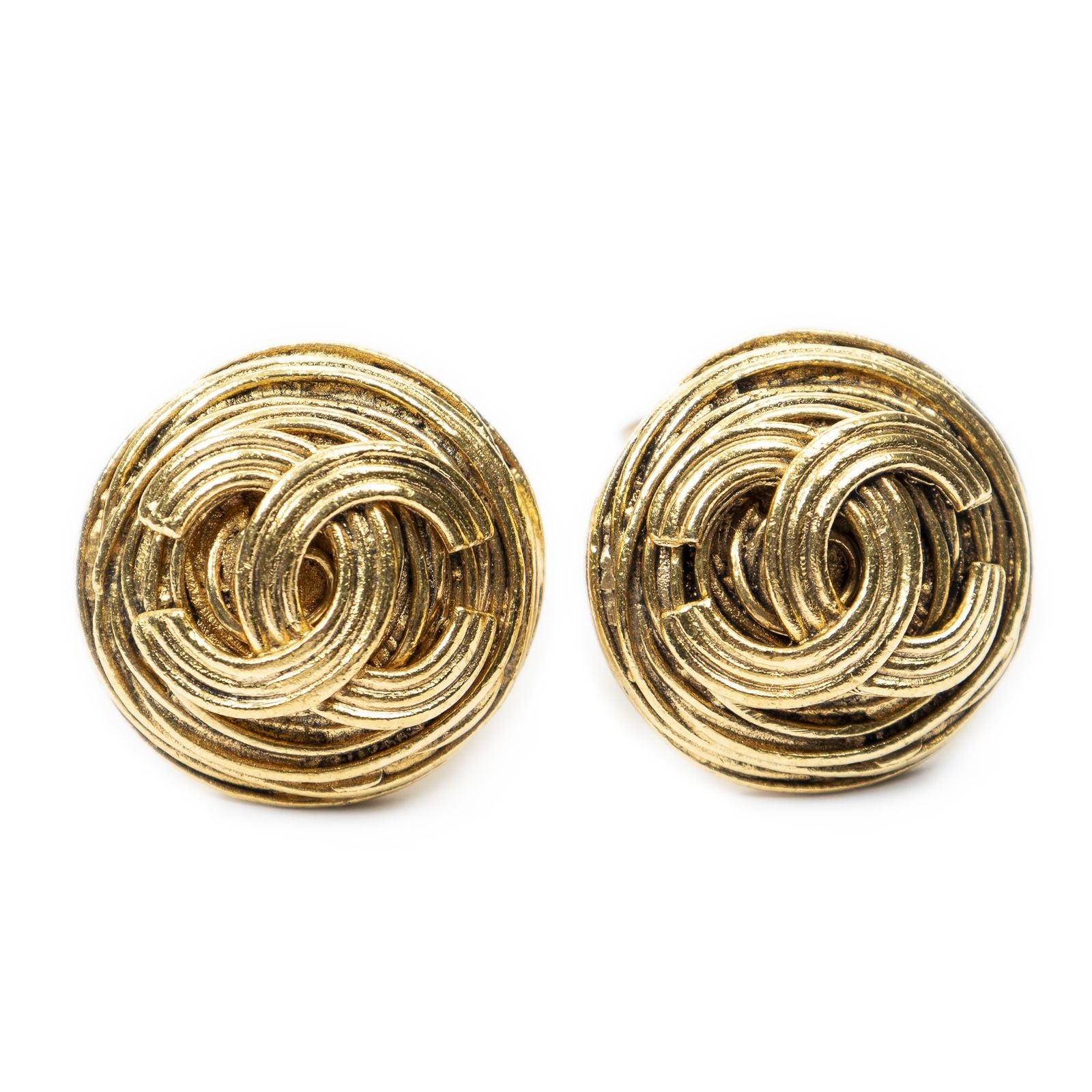 Chanel CC Logo Round Clip Type Earrings Gold Plated