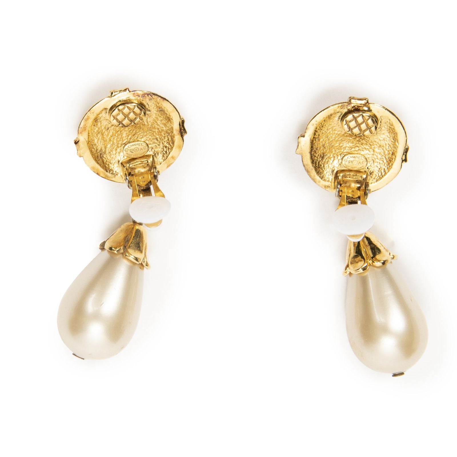Chanel CC Faux Pearl Dangle Clip on Earrings — view 3