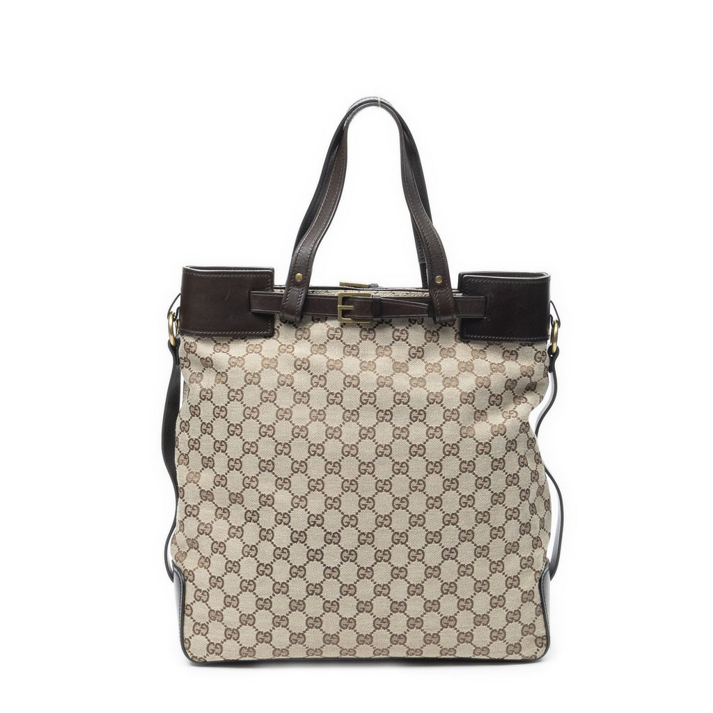 Gucci Vertical Buckle Tote Beige Brown GG Canvas