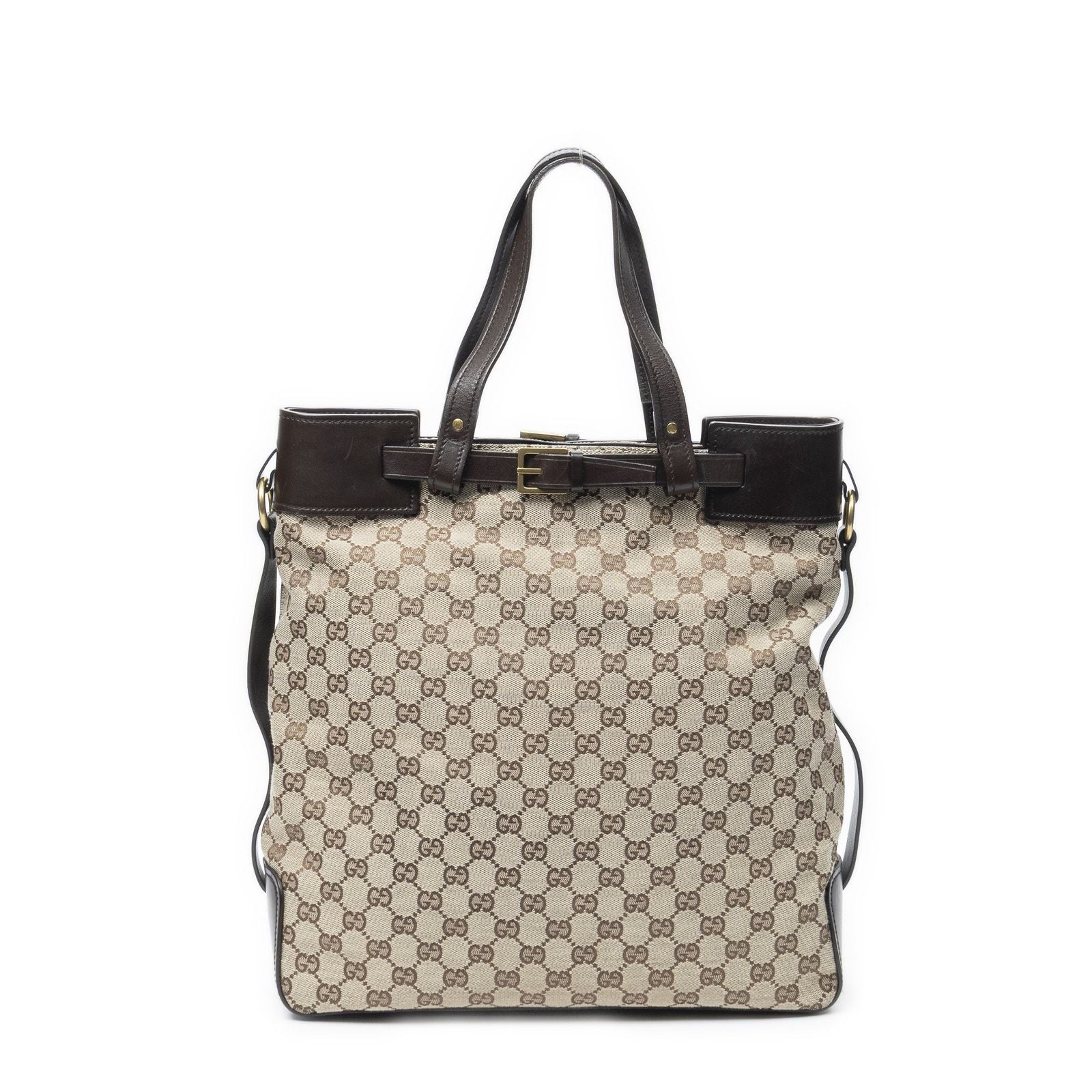 Gucci Vertical Buckle Tote Beige Brown GG Canvas