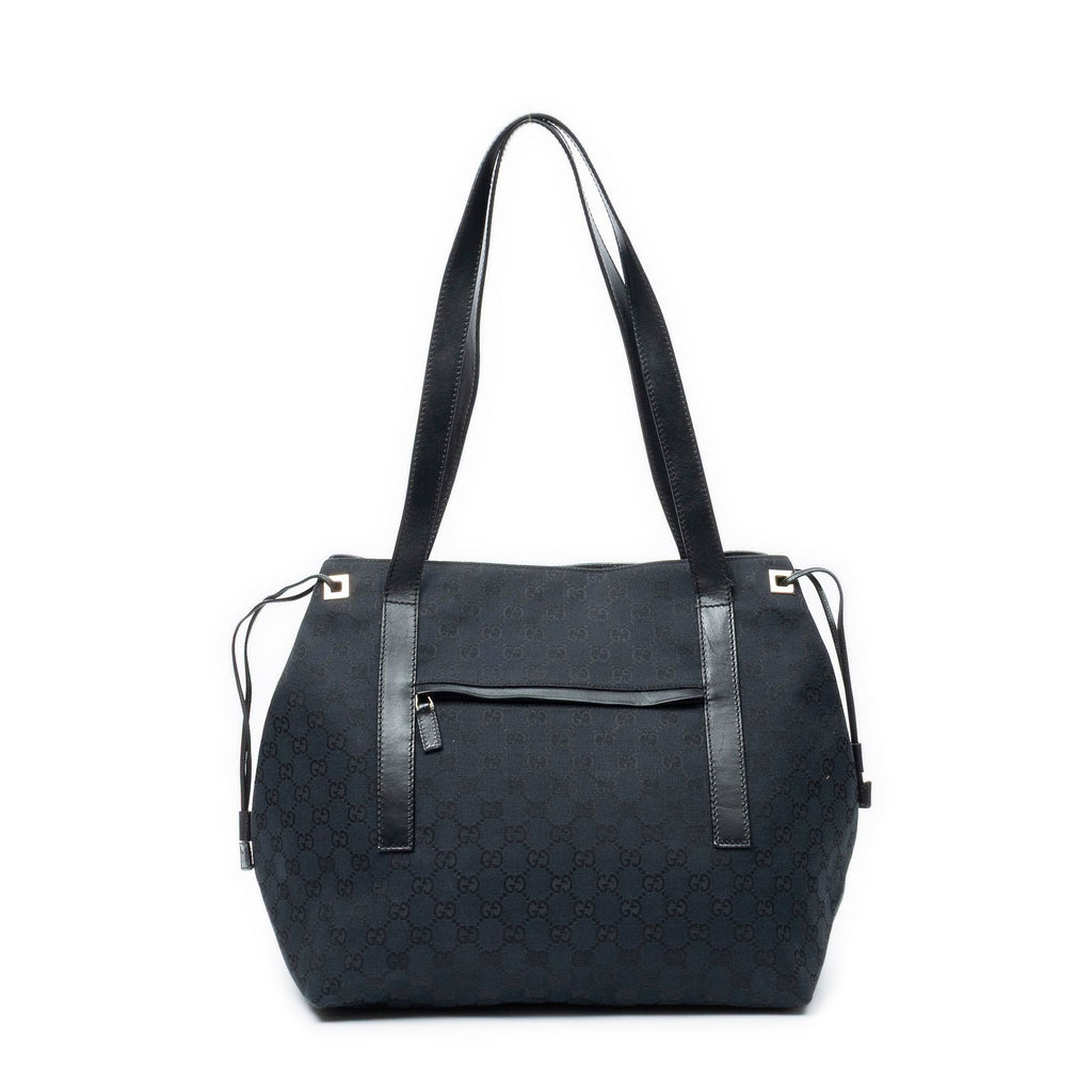 Gucci Side Drawstring Shopping Tote Black GG Canvas
