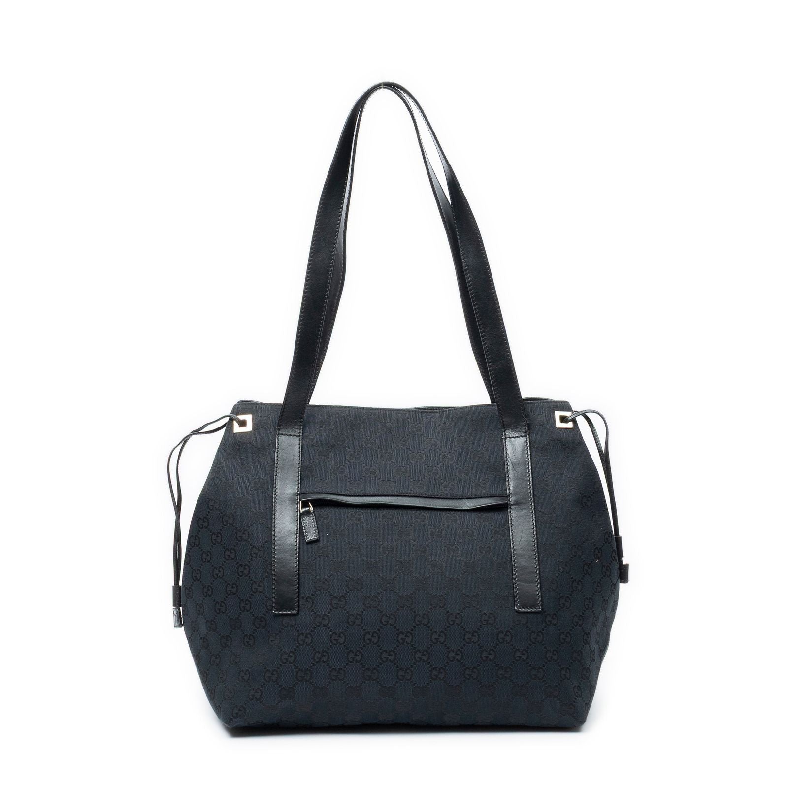 Gucci Side Drawstring Shopping Tote Black GG Canvas