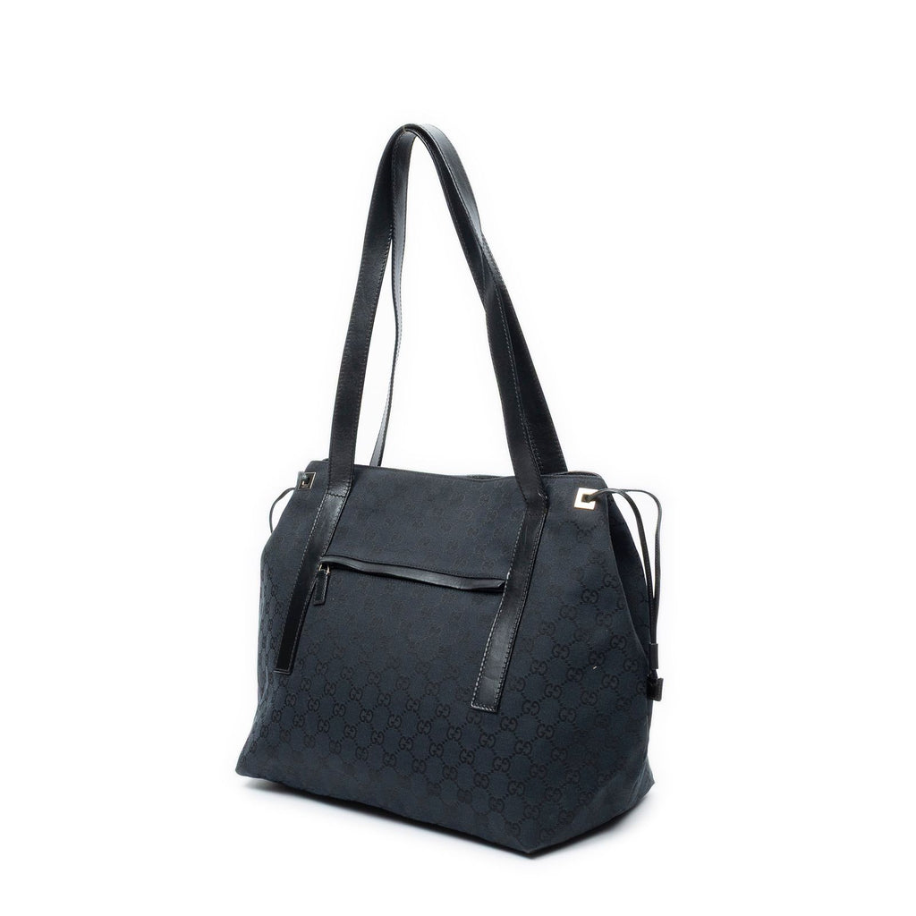 Gucci Side Drawstring Shopping Tote Black GG Canvas — view 2