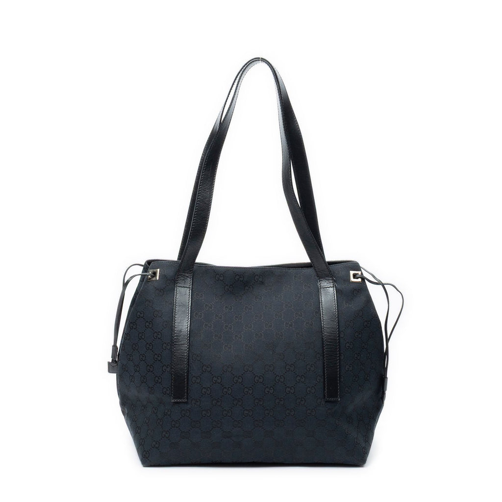 Gucci Side Drawstring Shopping Tote Black GG Canvas — view 5