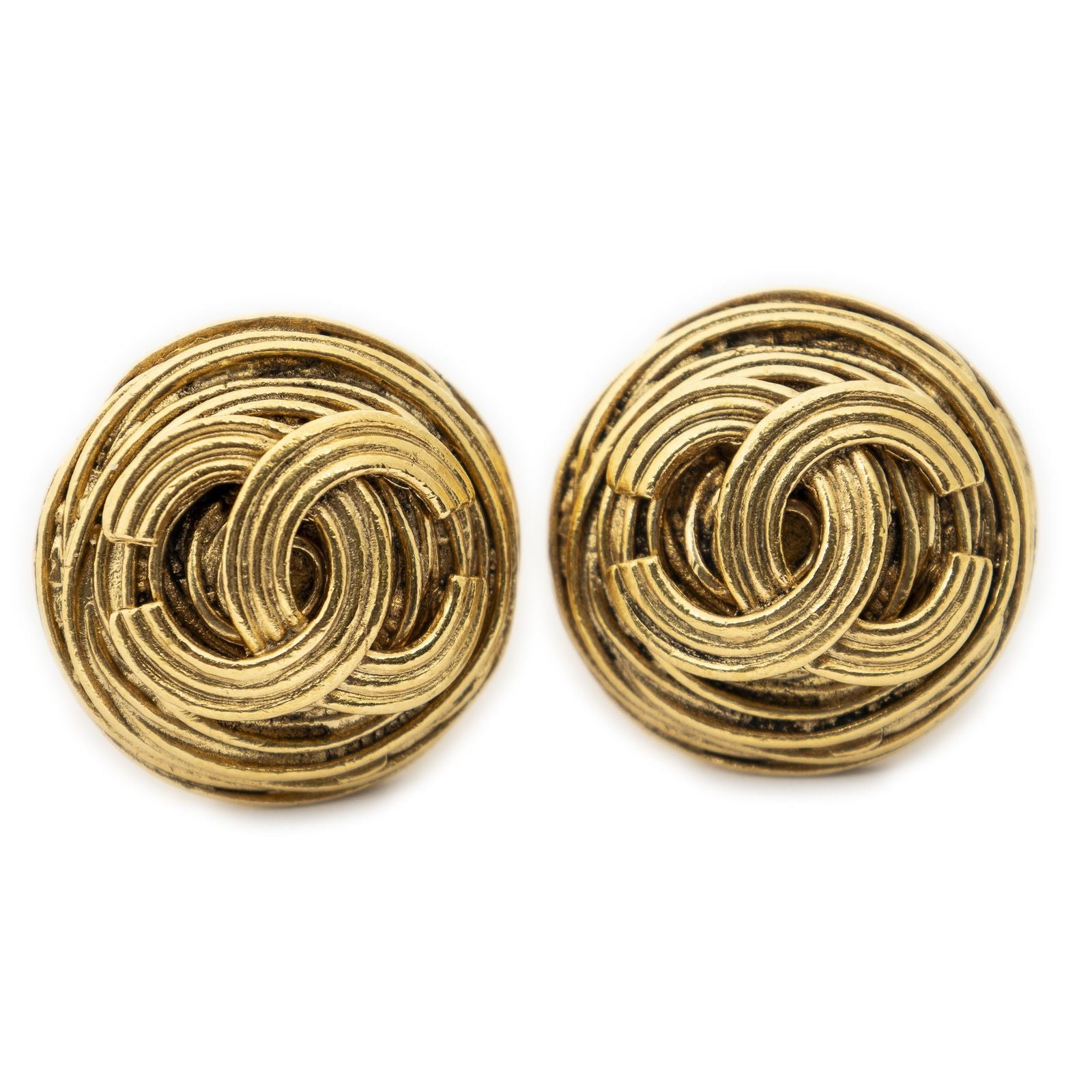 Chanel CC Logo Round Clip Type Earrings Gold Plated
