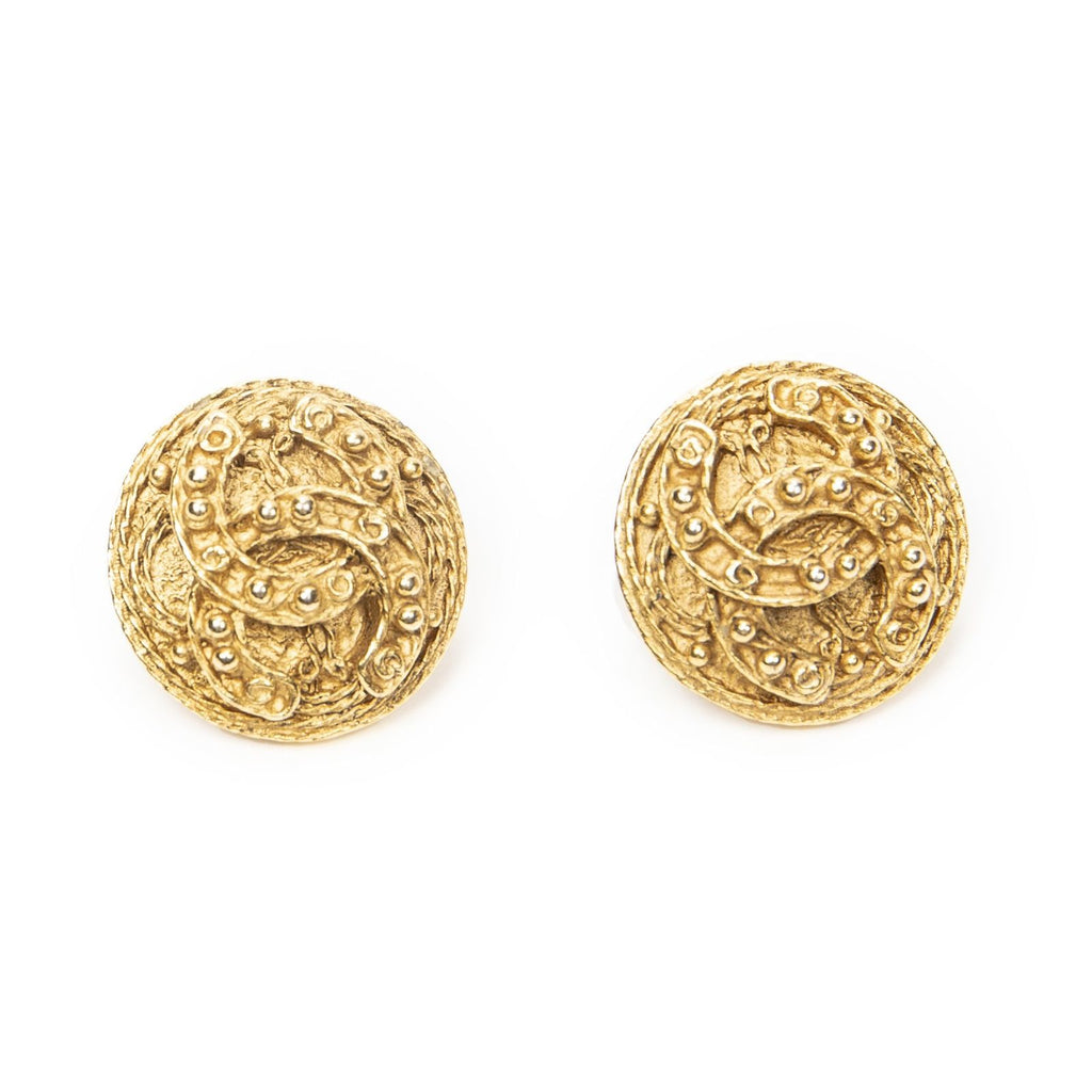 Chanel CC Logo Round Clip Type Earrings Gold Plated