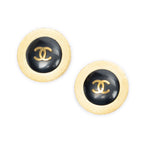 Chanel CC Logo Round Earrings Black Gold Plating