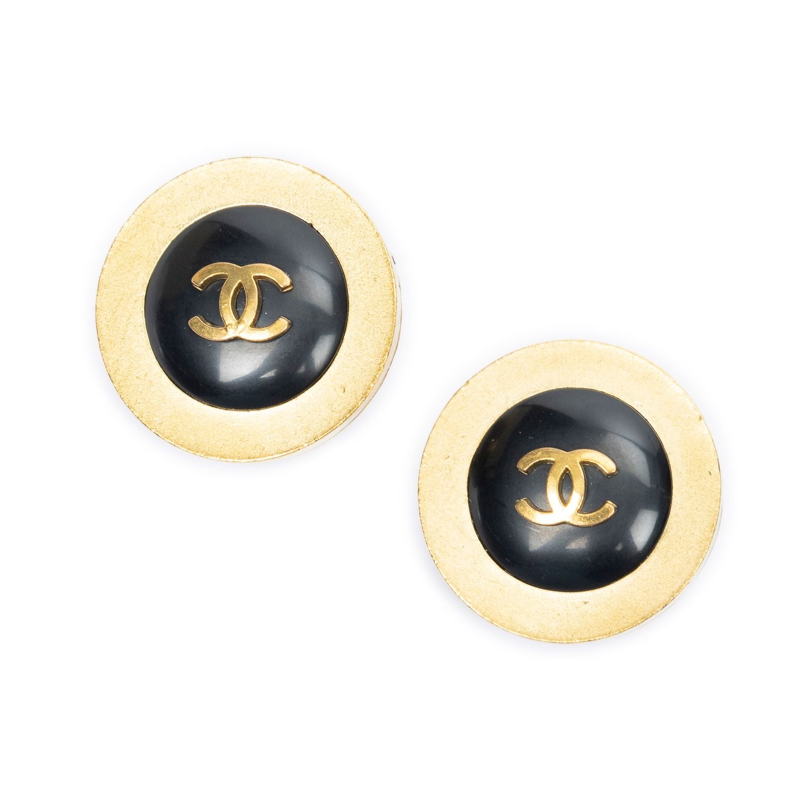 Chanel CC Logo Round Earrings Black Gold Plating