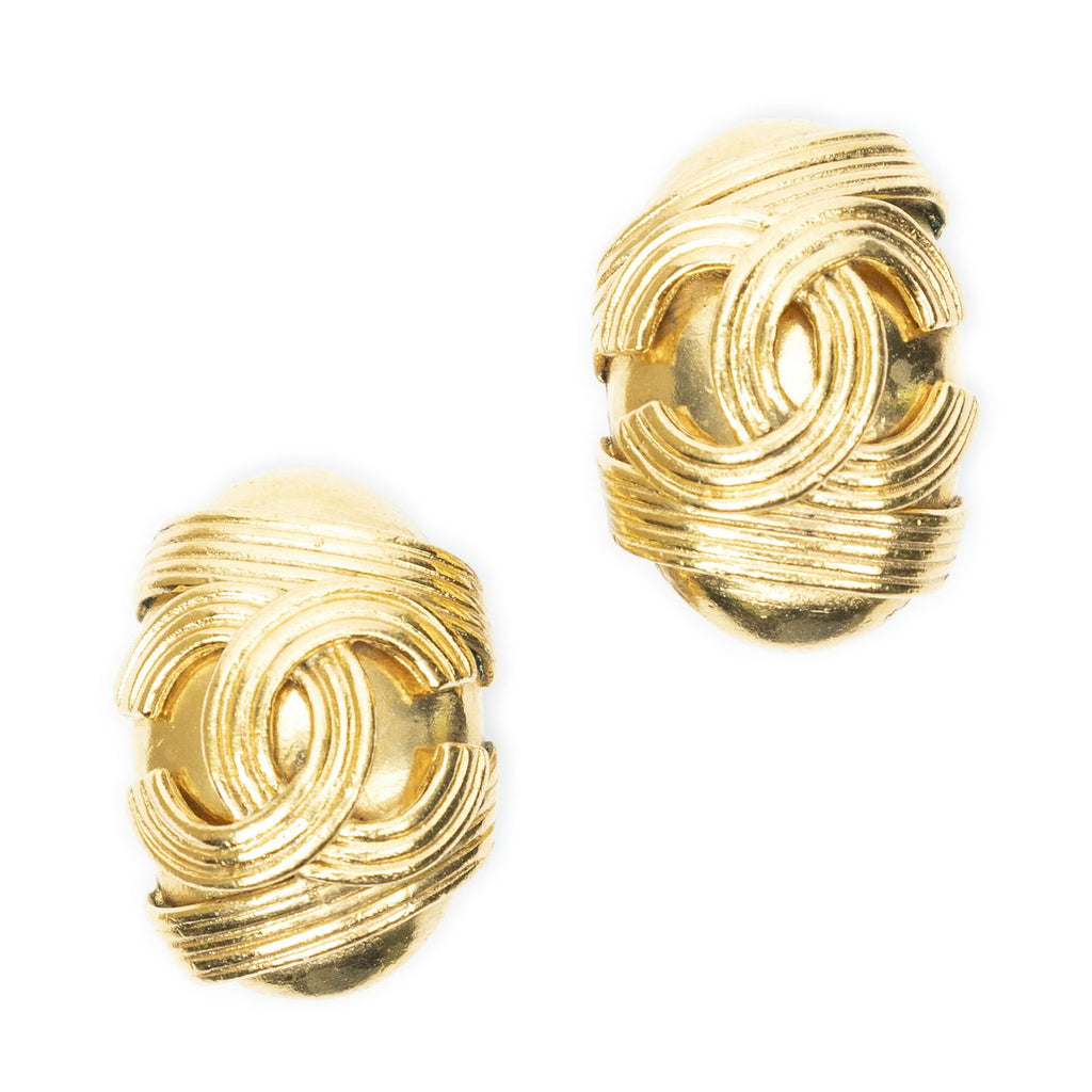 Chanel CC Oval Clip on Earrings Gold Plated