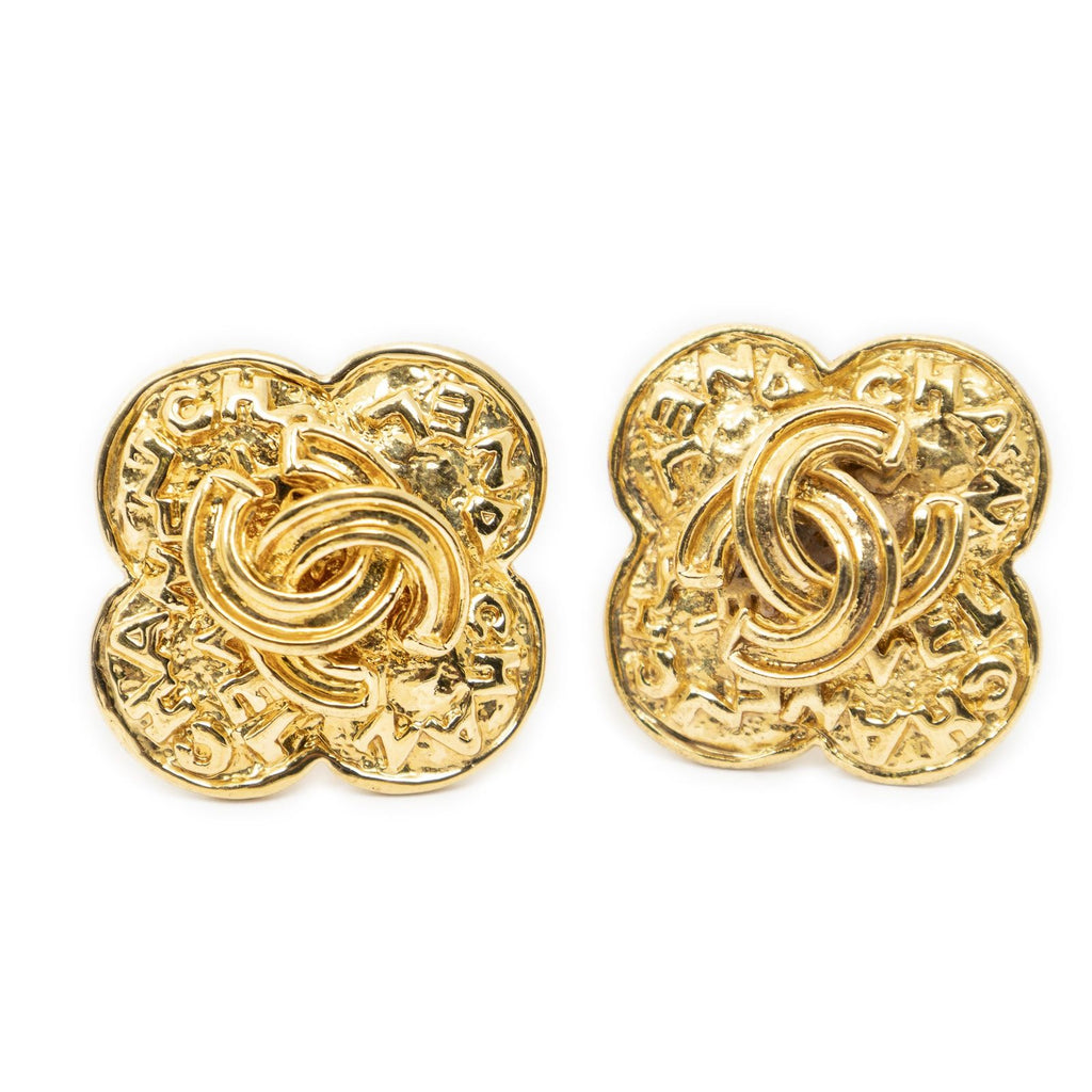 Chanel CC Clover Dangle Clip on Earrings Gold Plated