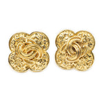 Chanel CC Clover Dangle Clip on Earrings Gold Plated