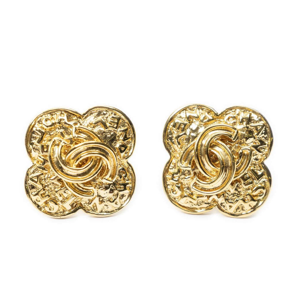 Chanel CC Clover Dangle Clip on Earrings Gold Plated